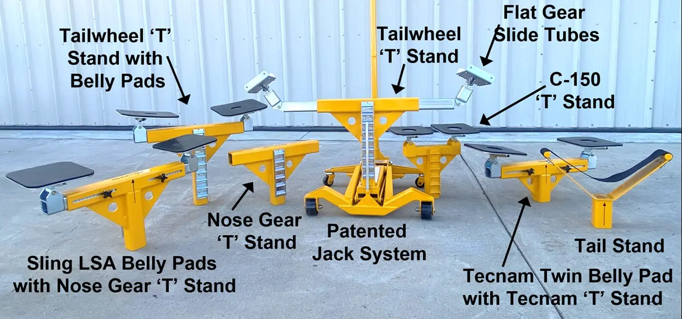 A yellow jack stand with many different parts labeled.